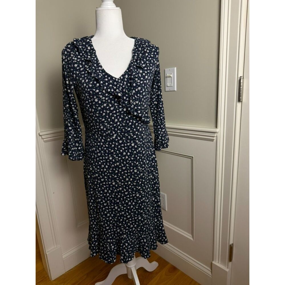 Boden Logan Ruffle Jersey Dress US 10R Navy Ditsy Floral 3/4 Sleeve